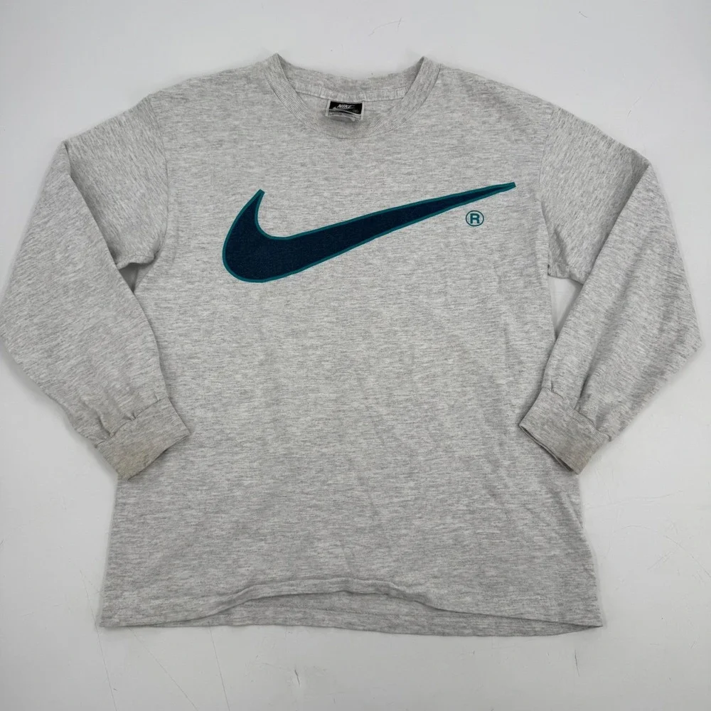 Vintage Nike Big Swoosh Long Sleeve Shirt Grey Heather Made in USA Womens‎ M
